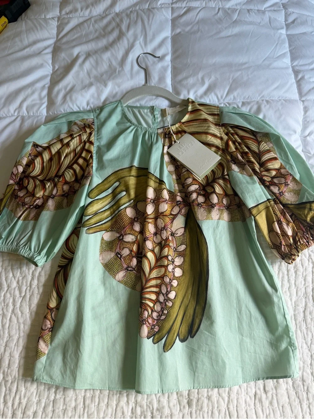 Ulla Johnson Mint Green Botanical Puff-Sleeve Blouse